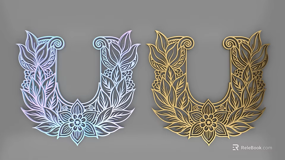 3D Letter U With Floral Patterns Colorful And Gold Ornate Design Decor 3d model 