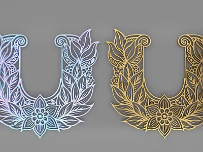 3D Letter U With Floral Patterns Colorful And Gold Ornate Design Decor 3d model
