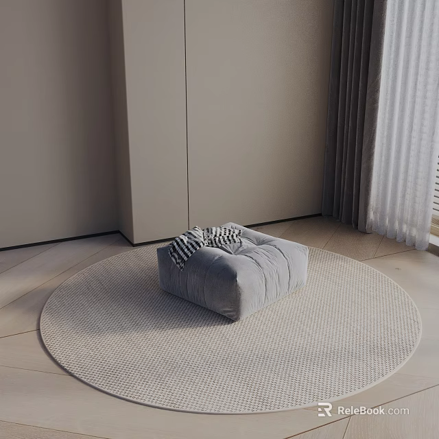 Modern Minimalist Side Table In Soft Gray Velvet On Round Rug With Curtains 3d model 