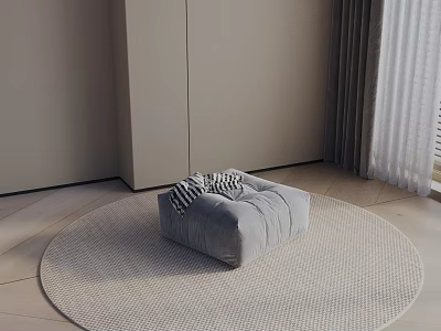 Modern Minimalist Side Table In Soft Gray Velvet On Round Rug With Curtains 3d model