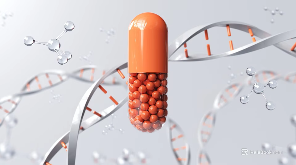 Orange Capsule Containing Orange Spheres With DNA Double Helix And Molecular Models 3d model 