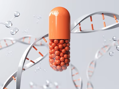 Orange Capsule Containing Orange Spheres With DNA Double Helix And Molecular Models 3d model