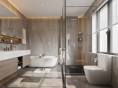 Modern Bathroom Interior Design With Bathtub Glass Shower Toilet Wooden Vanity And Gray Tiles 3d model