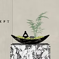 Bonsai Plant in Black Marble Bowl with Green Fern and Yoga Figurine on Marble Countertop
