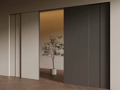Modern Sliding Doors In Beige Gray With Warm Light Potted Plant And Wooden Floor 3d model