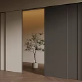 Modern Sliding Doors In Beige Gray With Warm Light Potted Plant And Wooden Floor