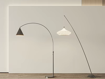 Modern Floor Lamps With Arched Metal Arms And White Conical Woven Shades 3d model