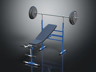 Sturdy Home Gym Weight Bench With Blue Frame Black Pad And Barbell 3d model