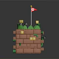 Cartoon Brick Tower Scene with Red Flag Green Grass Yellow Question Marks Characters and Coins