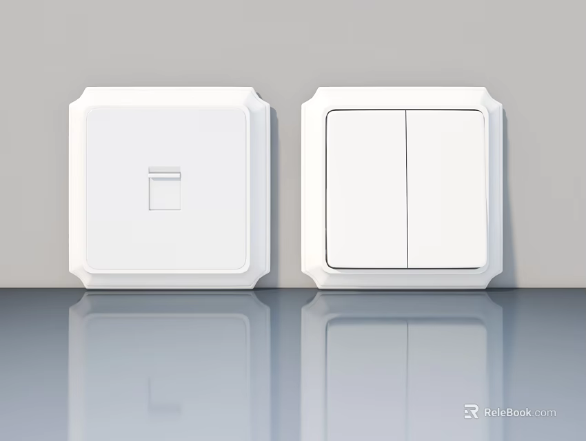 White Flush Door Style Light Switches Installed On Gray Wall With Shiny Floor 3d model 