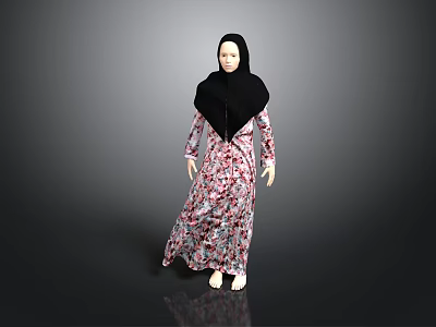 Woman in Floral Dress and Black Hijab Standing Against Gray Background 3d model