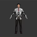 Man Standing In Gray Background With Patterned Jacket Red Tie Brown Pants And Red Shoes 3d model