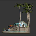 Wooden Cabin with Palm Trees on Coastal Beach Featuring Small Boat and Colorful Umbrella
