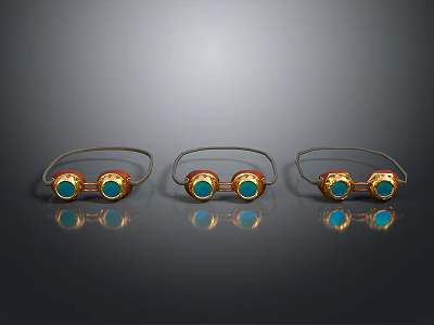 Three Gold Eyeglasses Adorned With Green Gemstones On Black Background Reflections 3d model