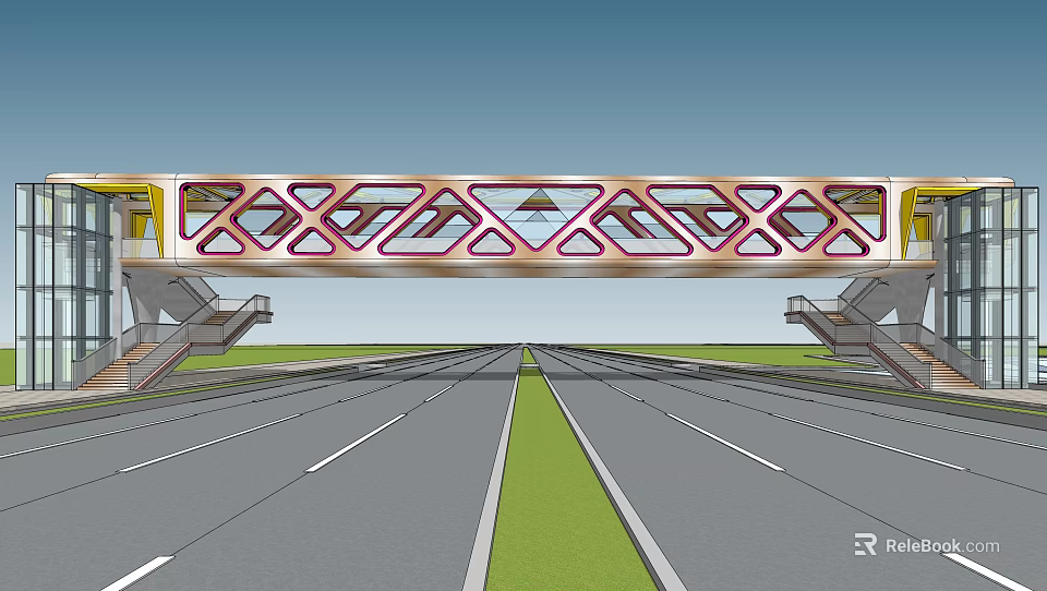 Modern Geometric Bridge With Red White Frame Over Road And Side Stairs 3d model 