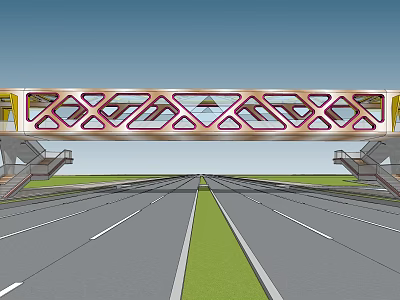 Modern Geometric Bridge With Red White Frame Over Road And Side Stairs 3d model