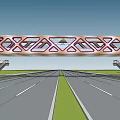 Modern Geometric Bridge With Red White Frame Over Road And Side Stairs