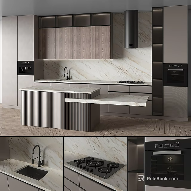Modern Kitchen Interior With Cabinets Island Countertop And Marble Backsplash 3d model