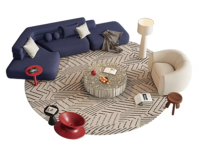 Blue L Shaped Sofa Round Coffee Table Set With Beige Armchair Geometric Pattern Rug 3d model