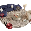 Blue L Shaped Sofa Round Coffee Table Set With Beige Armchair Geometric Pattern Rug 3d model