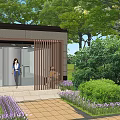 Relaxing Garden Landscape With Wooden Pergola Outdoor Seating Red Bar Stools And Green Plants