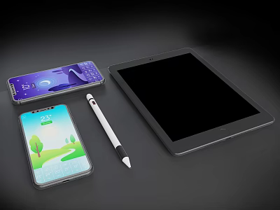 Black Screen Tablet With Stylus Pen And Smartphones On Dark Surface 3d model