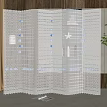 White Folding Room Divider With Grid Design And Blue Patterns For Interior Decor 3d model