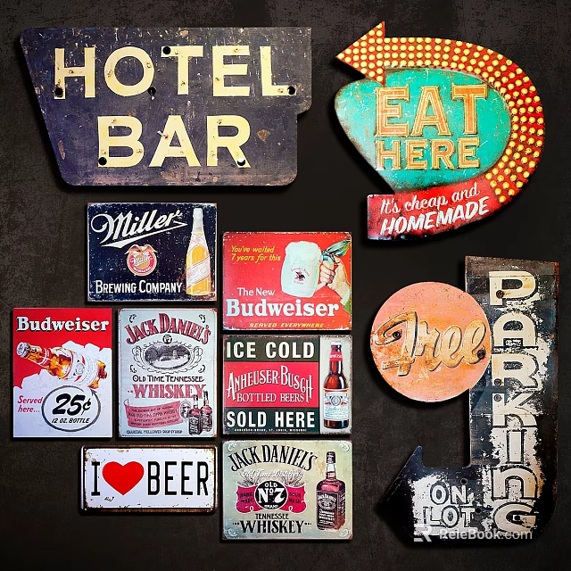 Vintage Beer Bar Wall Decor with Retro Signs and Advertising Posters 3d model 