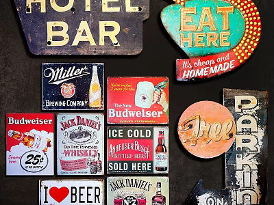Vintage Beer Bar Wall Decor with Retro Signs and Advertising Posters 3d model