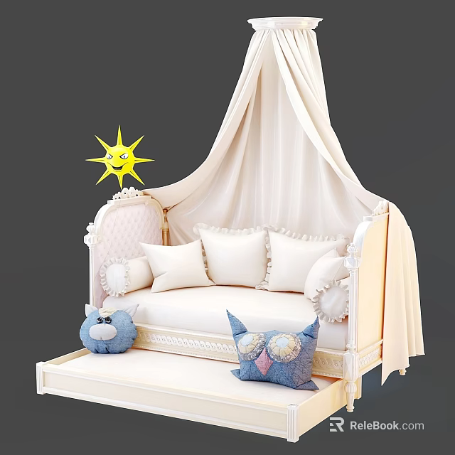 Adorable Kids Bed With Canopy Ruffled Pillows Owl Plush And Star Decoration 3d model 