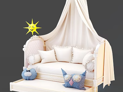Adorable Kids Bed With Canopy Ruffled Pillows Owl Plush And Star Decoration 3d model