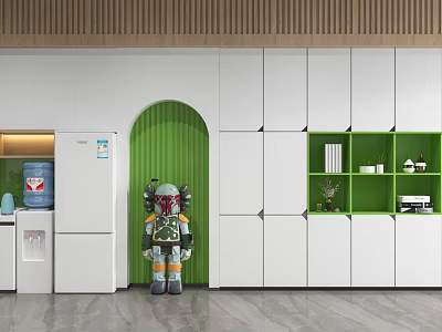 Modern Minimalist Bookcase With White Cabinets Green Shelves And Arched Design 3d model