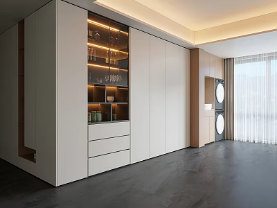 Modern Minimalist Full Wall Side Cabinet With LED Lit Glass Display And Ample Storage Space 3d model