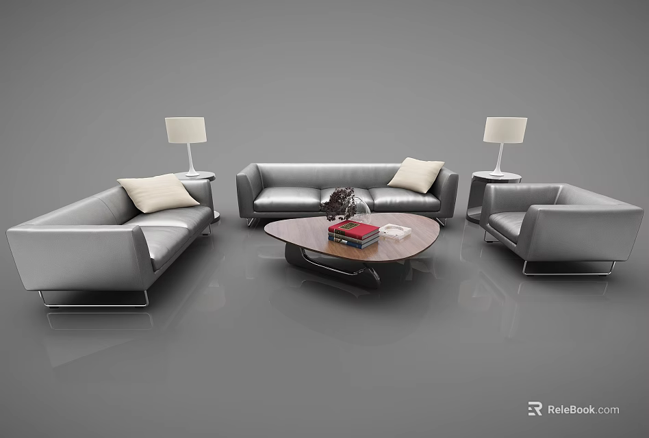 Modern Sofa Coffee Table Set With Round Table Lamps And Decorative Pillows 3d model
