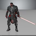 Detailed Red Skinned Warrior In Helmeted Armored Outfit Holding Red Lightsaber