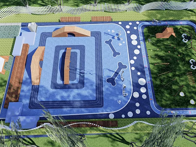 Residential Landscape Design Pet Play Area With Blue Surface Bone Shaped Patterns Wooden Structures Lawn 3d model