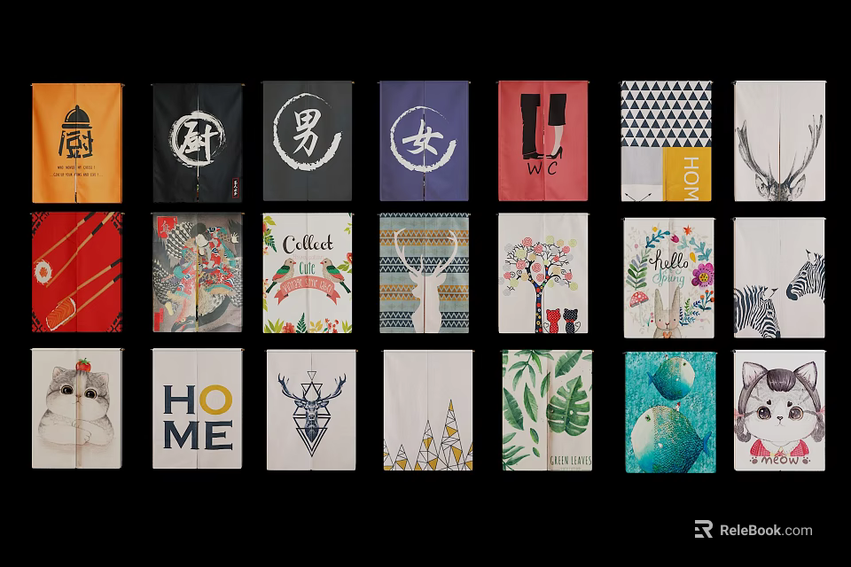 Stylish Decorative Curtains With Various Colorful Patterns For Home Interior Design 3d model