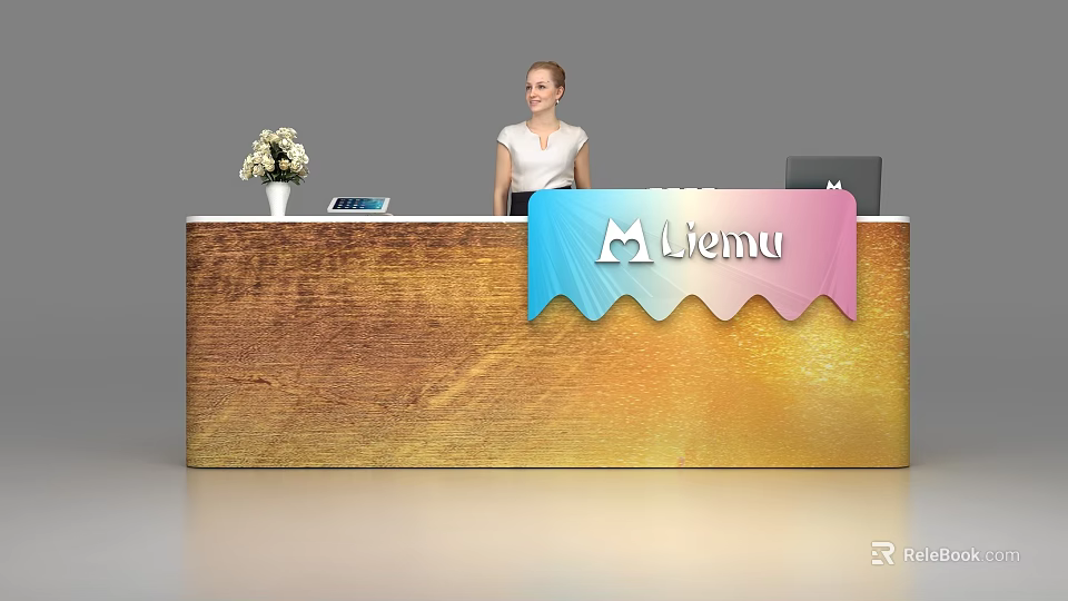 Elegant Wooden Reception Desk with Flower Vase Tablet and M Lemu Sign Featuring Receptionist 3d model 
