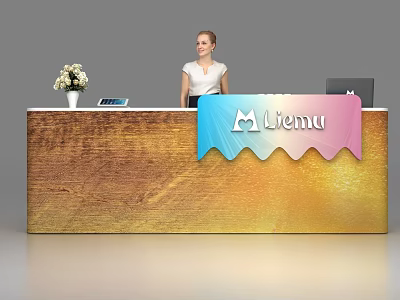 Elegant Wooden Reception Desk with Flower Vase Tablet and M Lemu Sign Featuring Receptionist 3d model