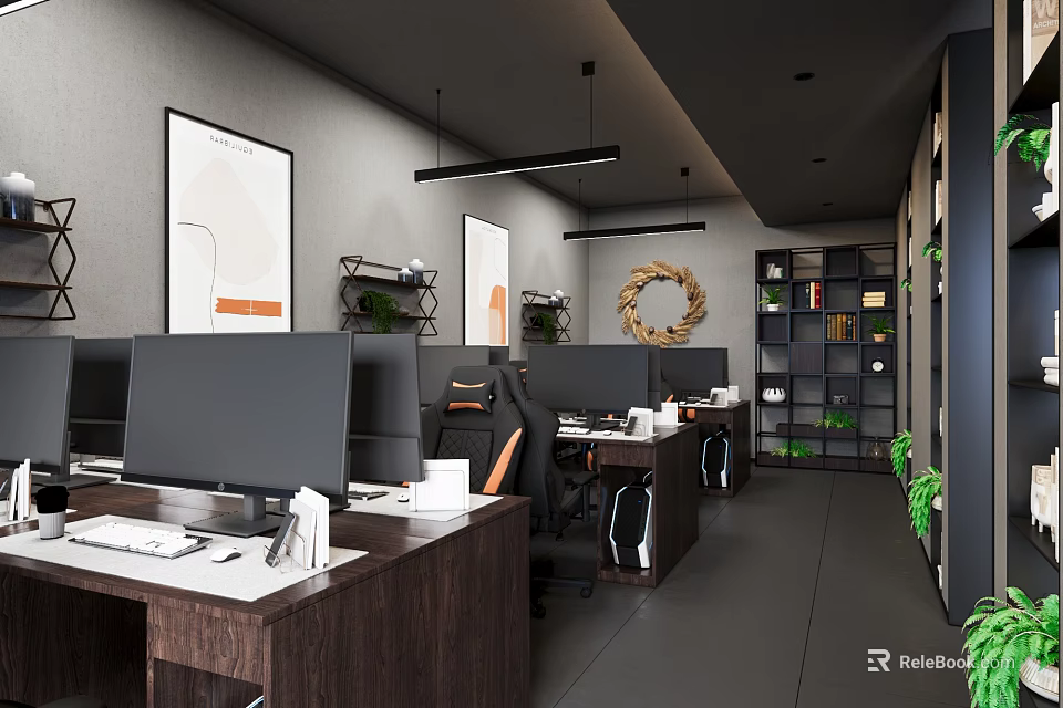 Public Office Space with Gray Walls Black Pendant Lights Wooden Desks Computers and Green Plants 3d model 