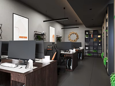 Public Office Space with Gray Walls Black Pendant Lights Wooden Desks Computers and Green Plants 3d model