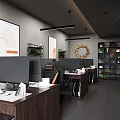 Public Office Space with Gray Walls Black Pendant Lights Wooden Desks Computers and Green Plants