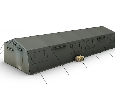 Large Long Outdoor Camping Tent With Multiple Openings Support Poles And Wooden Crate 3d model