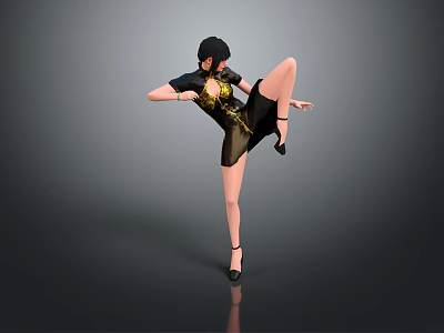 Game And Movie Character Female 3D Render In Black And Gold Qipao Performing High Kick 3d model