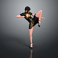 Game And Movie Character Female 3D Render In Black And Gold Qipao Performing High Kick