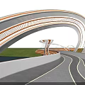 Modern Curved Landscape Bridge With Orange White Structure And Lighted Underneath Road 3d model