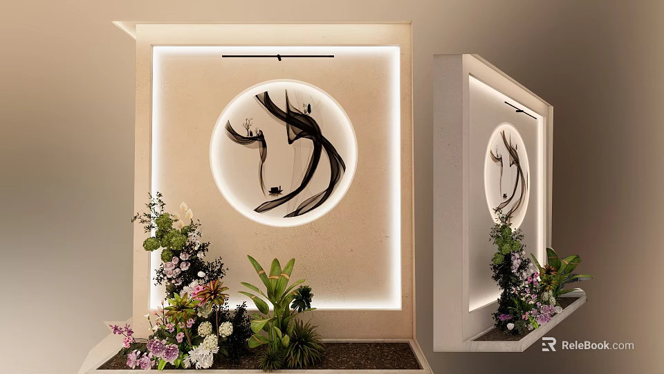 Floral Art Display With Circular Decorative Painting Lighted Backdrop Wall Various Flowers And Green Plants 3d model 