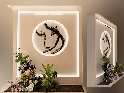 Floral Art Display With Circular Decorative Painting Lighted Backdrop Wall Various Flowers And Green Plants 3d model