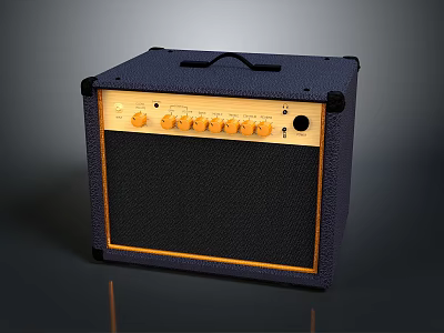Classic Dark Blue Electronic Guitar Amplifier With Wooden Panel Control Knobs And Speaker Grille 3d model