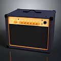 Classic Dark Blue Electronic Guitar Amplifier With Wooden Panel Control Knobs And Speaker Grille